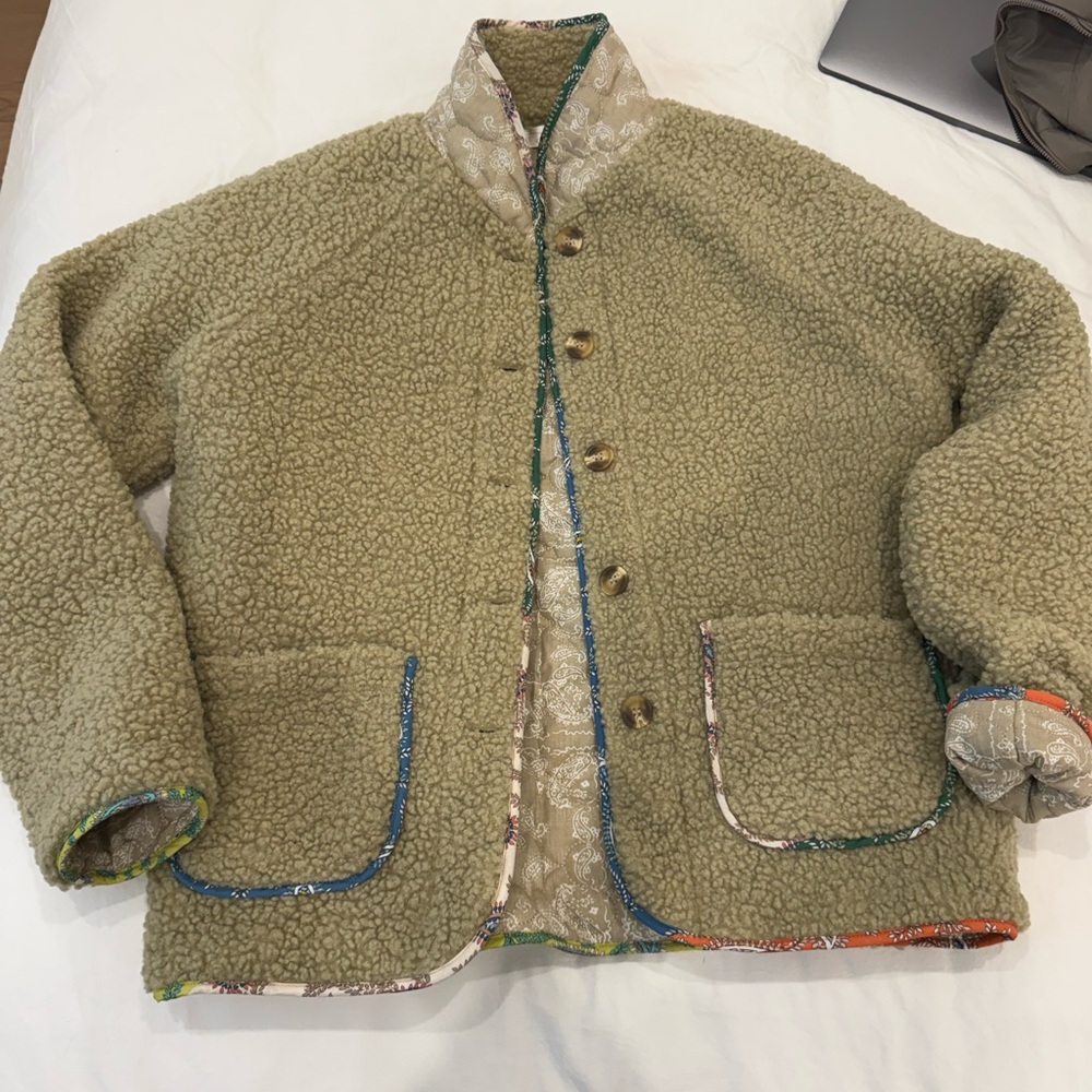 Women's Beige Teddy Jacket with Patterned Trim